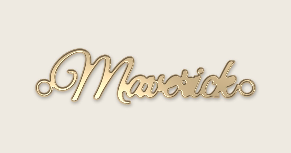 Maverick name necklace in 14k yellow gold, classic script lettering
