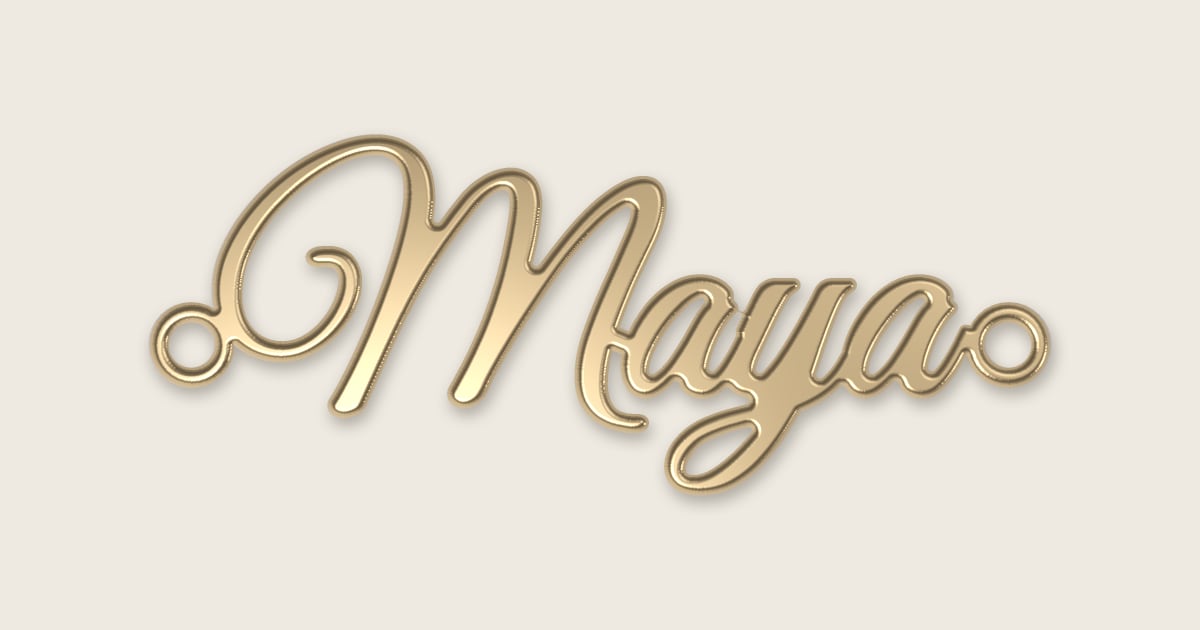 Maya name necklace in 14k yellow gold, classic script lettering