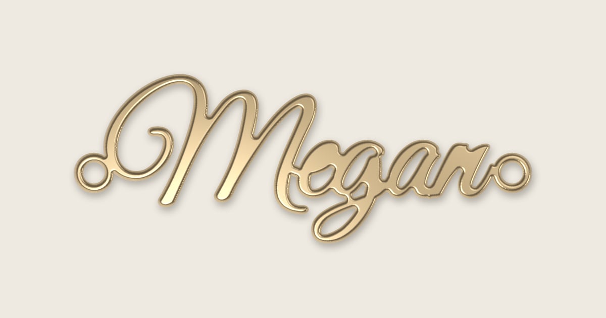 Megan name necklace in 14k yellow gold, classic script lettering