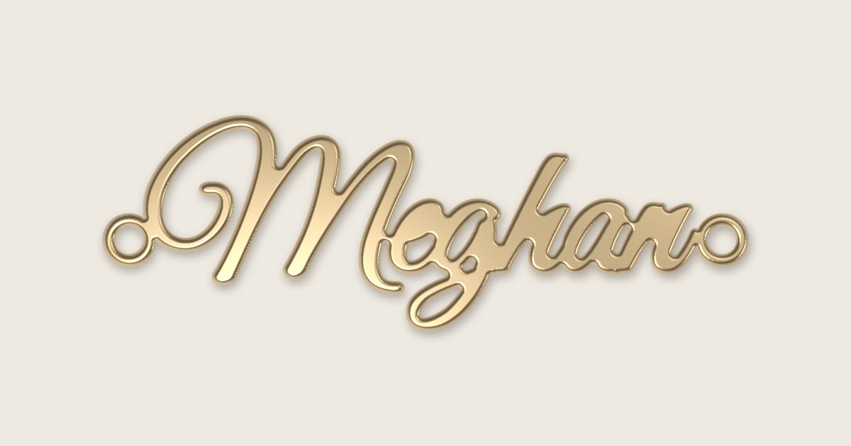 Meghan name necklace in 14k yellow gold, classic script lettering