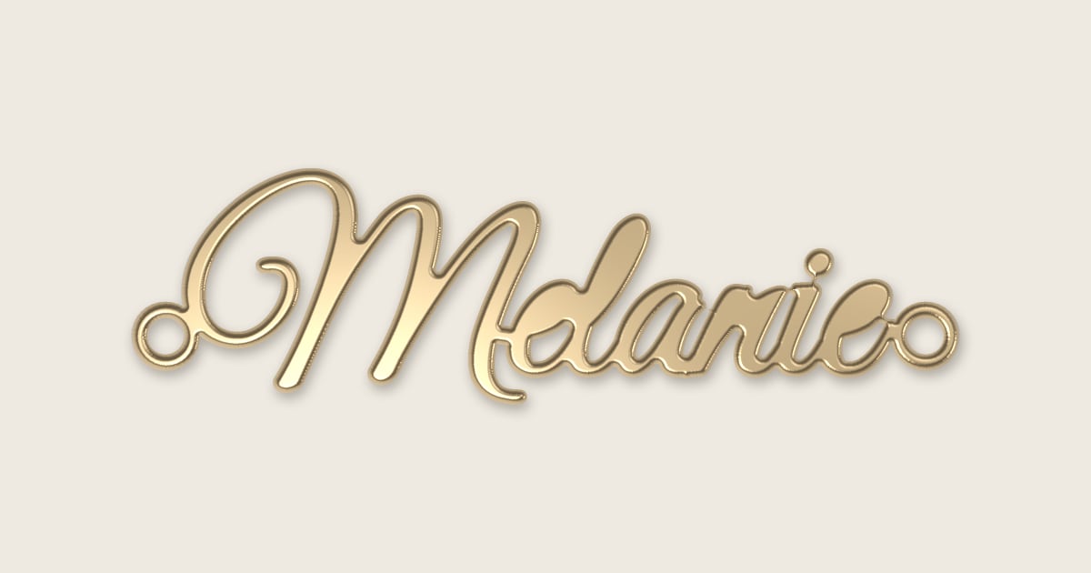 Melanie name necklace in 14k yellow gold, classic script lettering