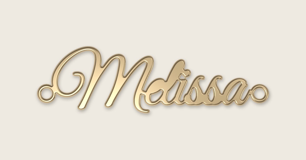 Melissa name necklace in 14k yellow gold, classic script lettering