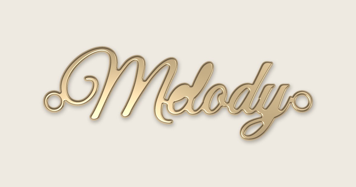 Melody name necklace in 14k yellow gold, classic script lettering