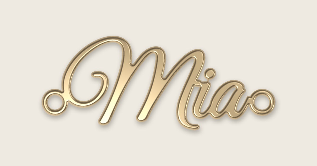 Mia name necklace in 14k yellow gold, classic script lettering