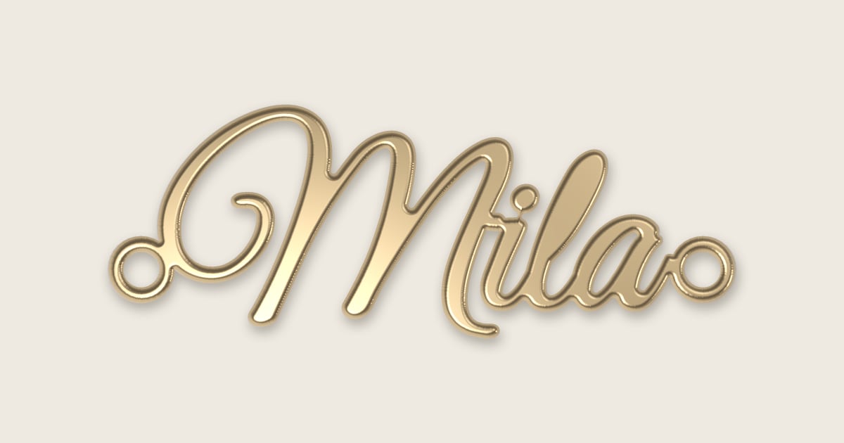 Mila name necklace in 14k yellow gold, classic script lettering