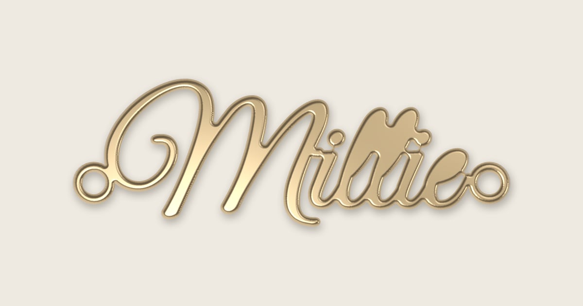 Millie name necklace in 14k yellow gold, classic script lettering