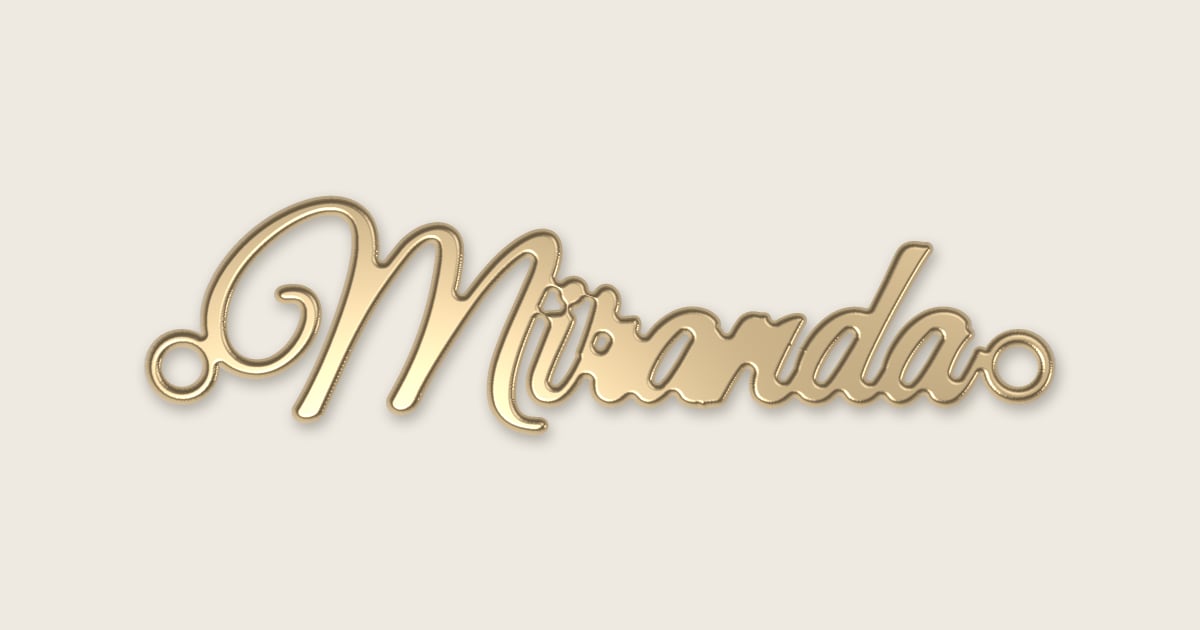 Miranda name necklace in 14k yellow gold, classic script lettering