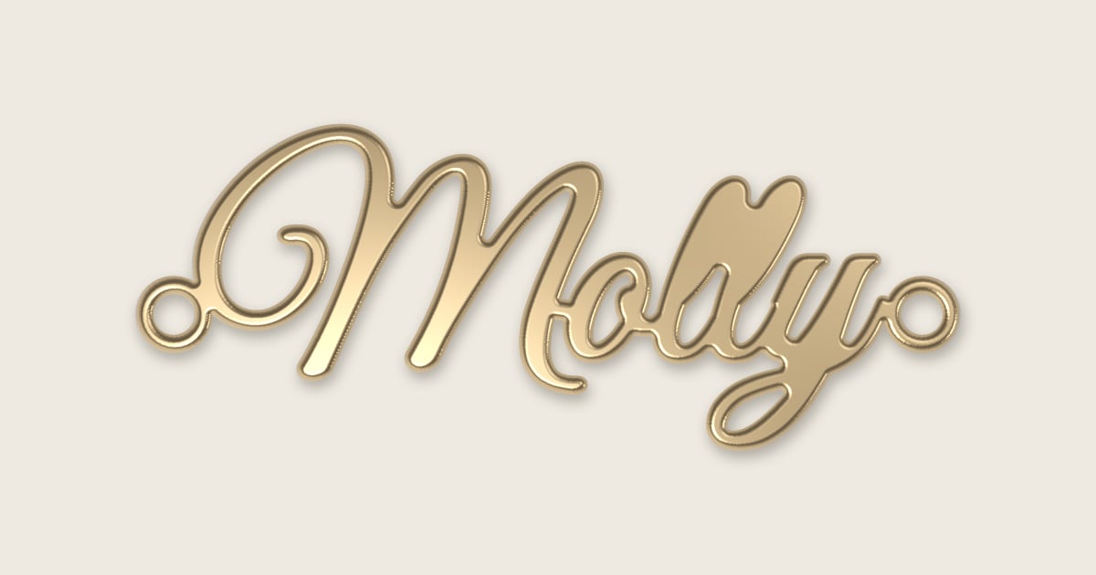Molly name necklace in 14k yellow gold, classic script lettering
