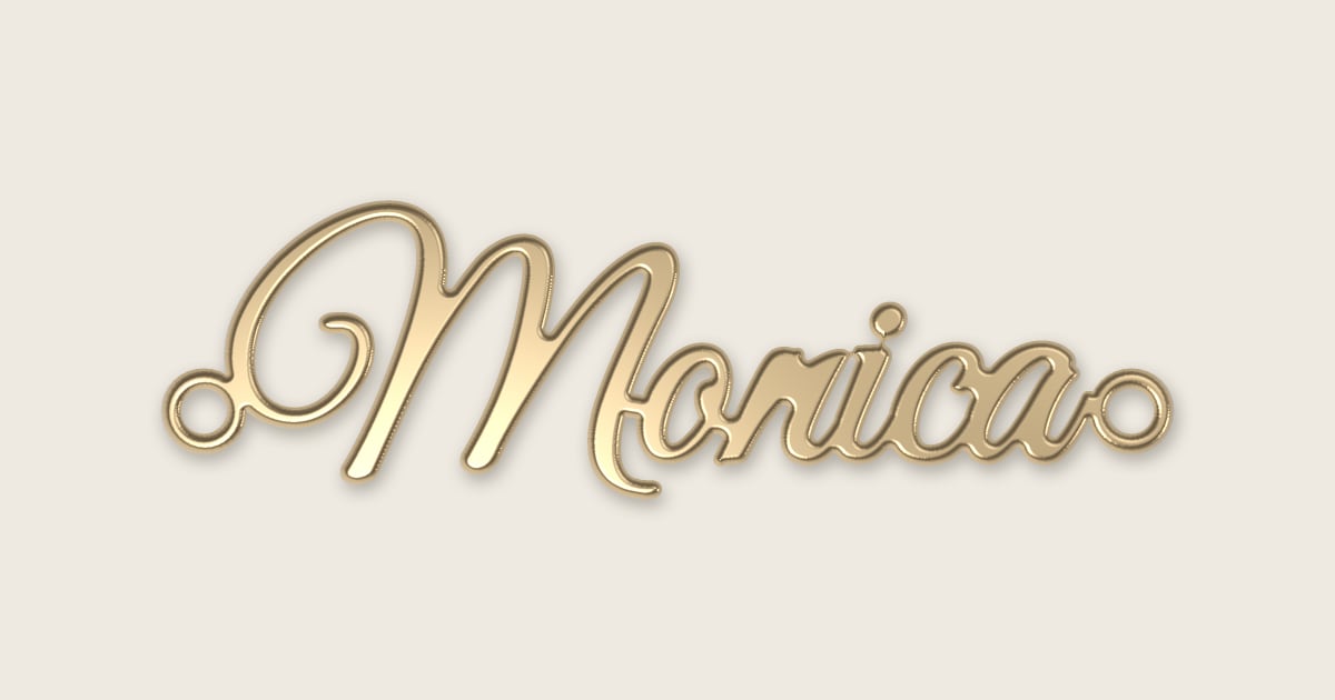 Monica name necklace in 14k yellow gold, classic script lettering