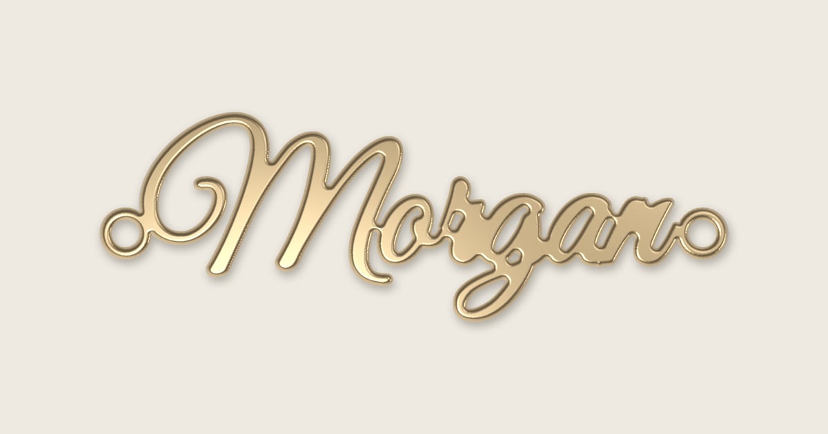 Morgan name necklace in 14k yellow gold, classic script lettering