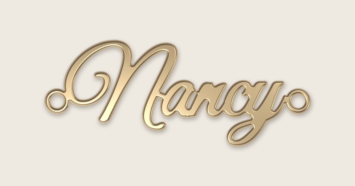 Nancy name necklace in 14k yellow gold, classic script lettering