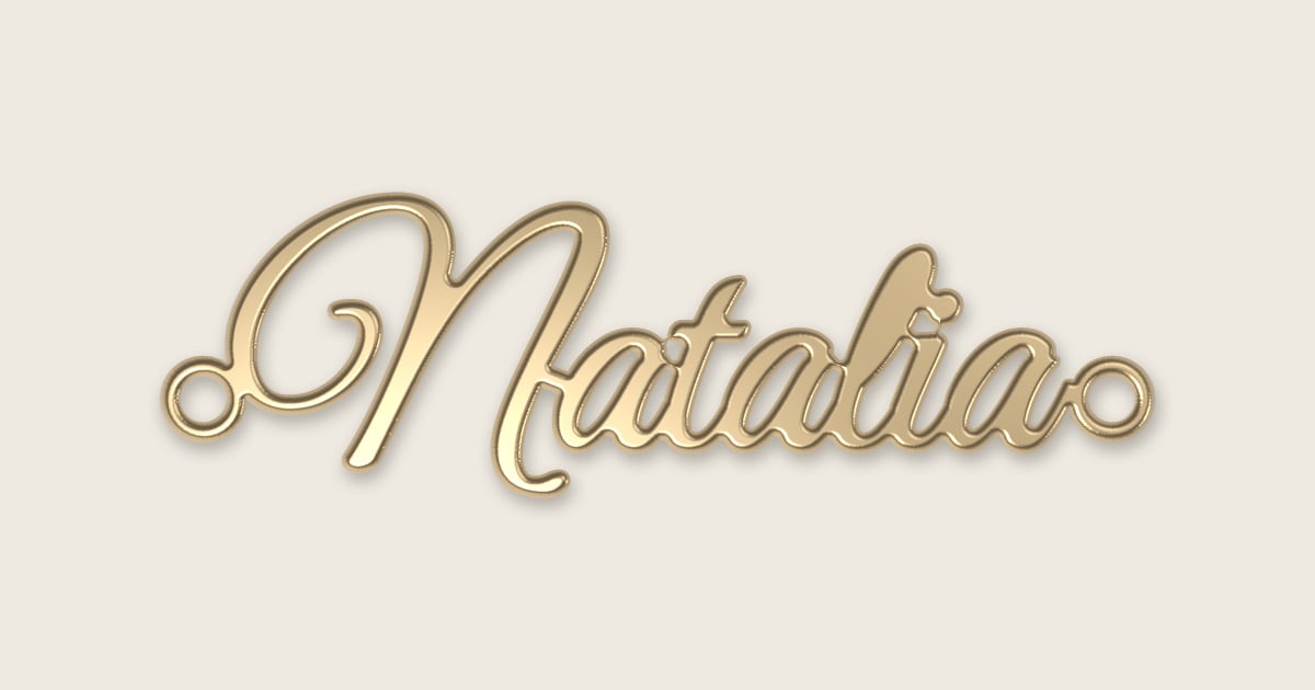Natalia name necklace in 14k yellow gold, classic script lettering