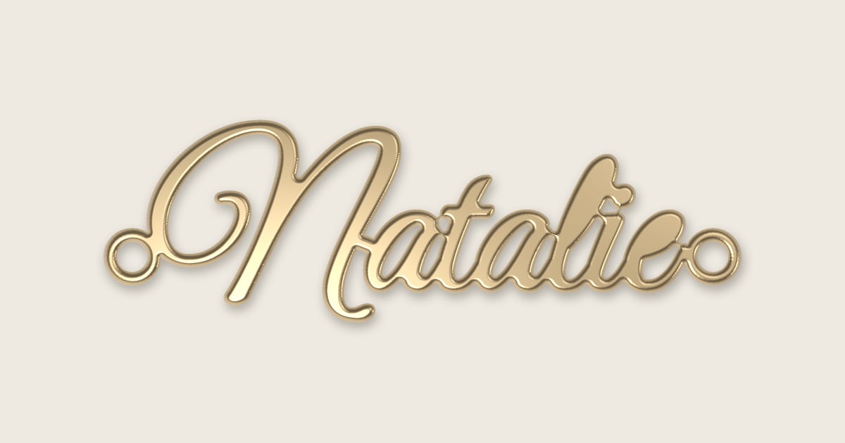 Natalie name necklace in 14k yellow gold, classic script lettering