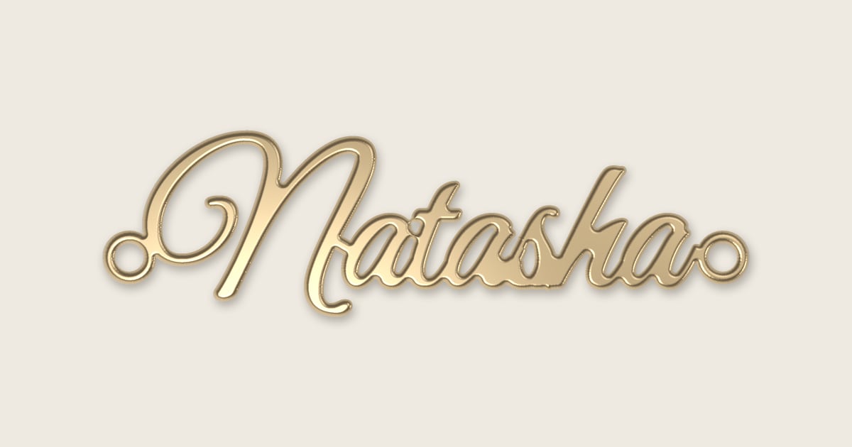 Natasha name necklace in 14k yellow gold, classic script lettering