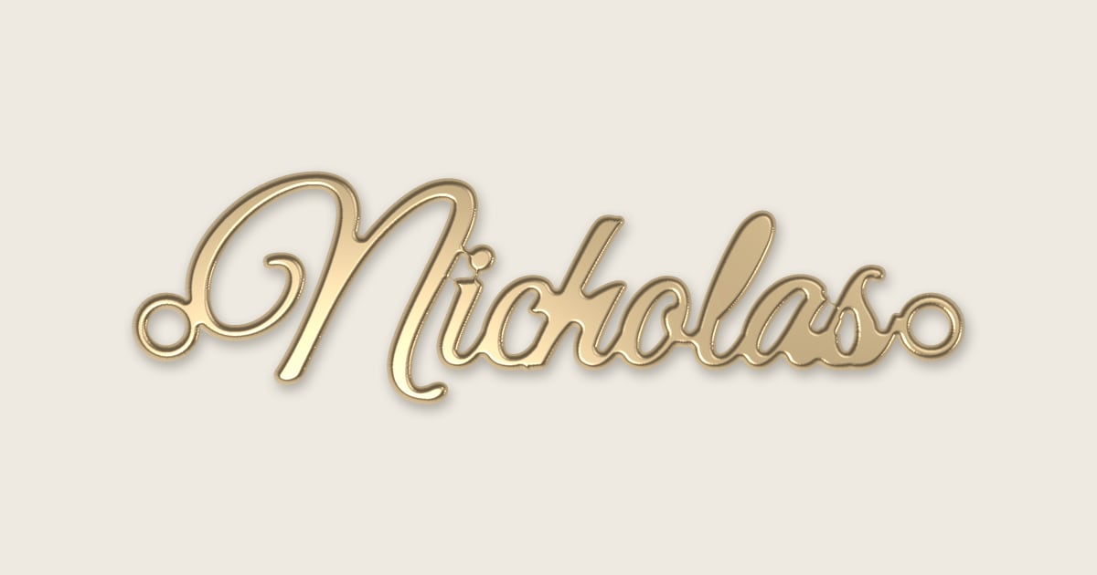 Nicholas name necklace in 14k yellow gold, classic script lettering