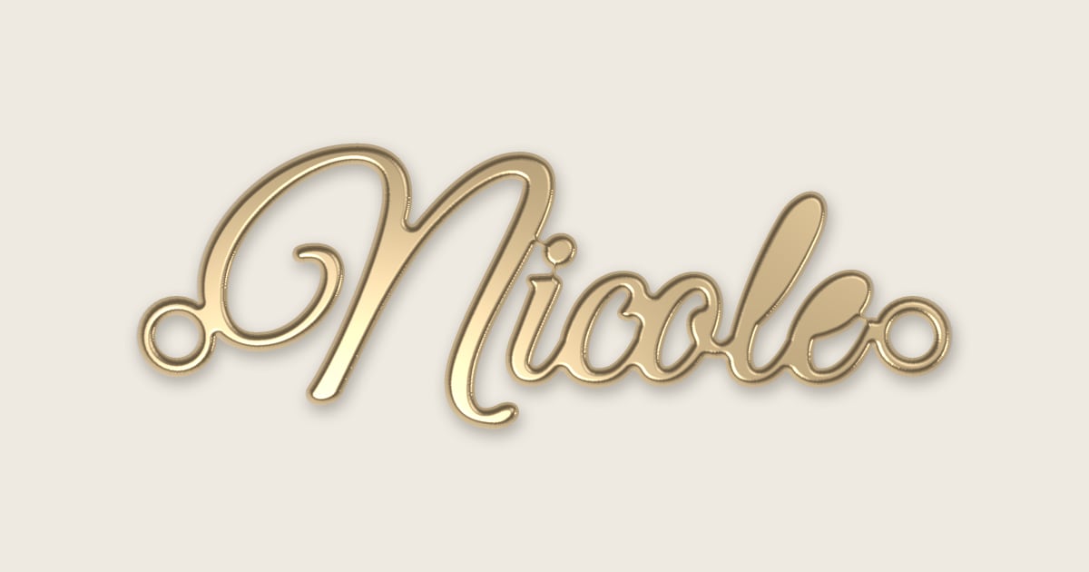 Nicole name necklace in 14k yellow gold, classic script lettering