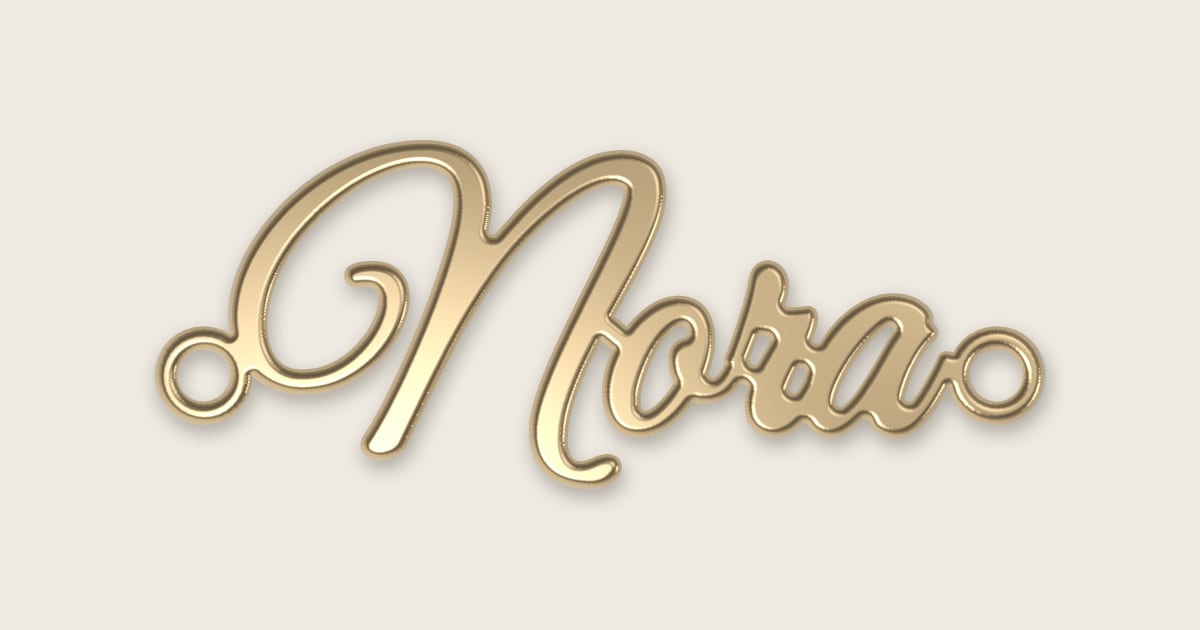 Nora name necklace in 14k yellow gold, classic script lettering