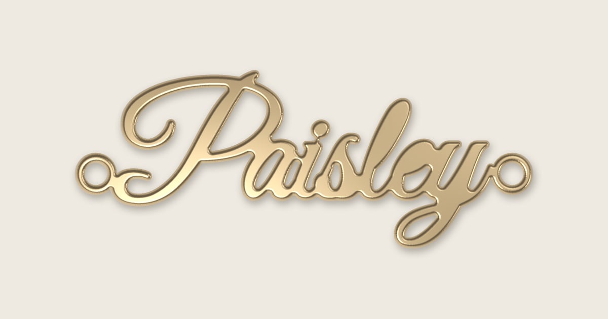 Paisley name necklace in 14k yellow gold, classic script lettering