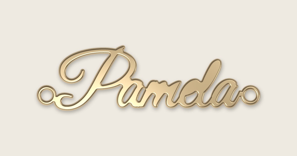 Pamela name necklace in 14k yellow gold, classic script lettering
