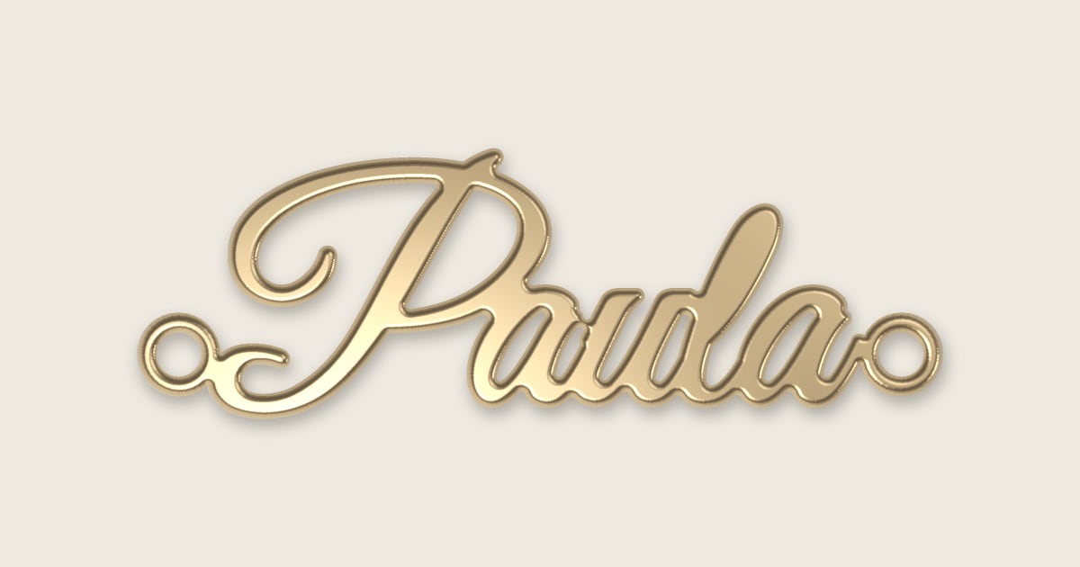 Paula name necklace in 14k yellow gold, classic script lettering