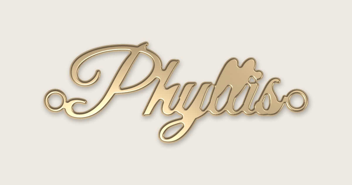 Phyllis name necklace in 14k yellow gold, classic script lettering