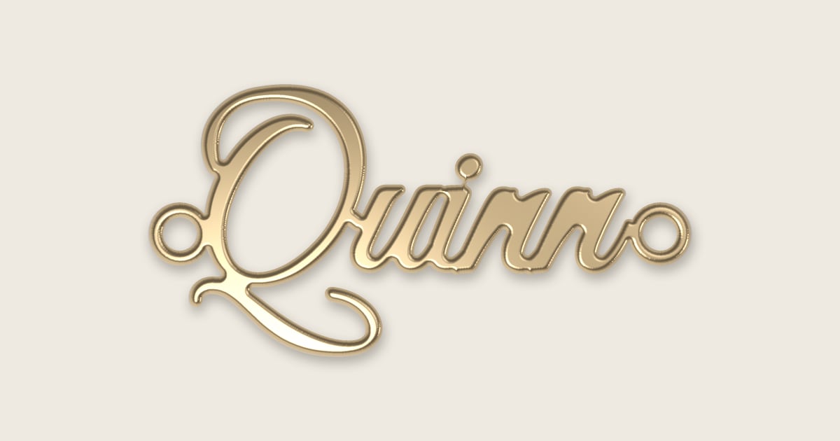 Quinn name necklace in 14k yellow gold, classic script lettering