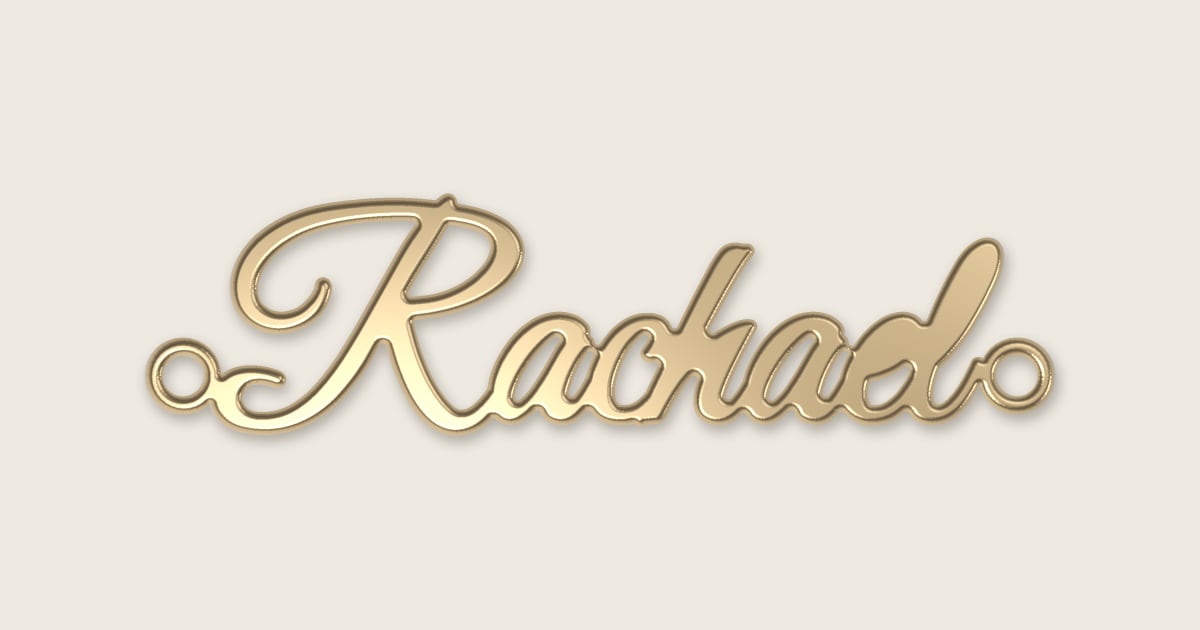 Rachael name necklace in 14k yellow gold, classic script lettering
