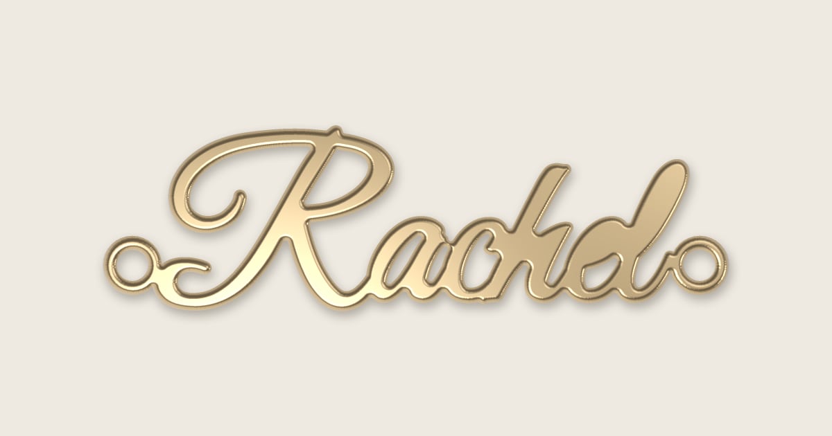 Rachel name necklace in 14k yellow gold, classic script lettering