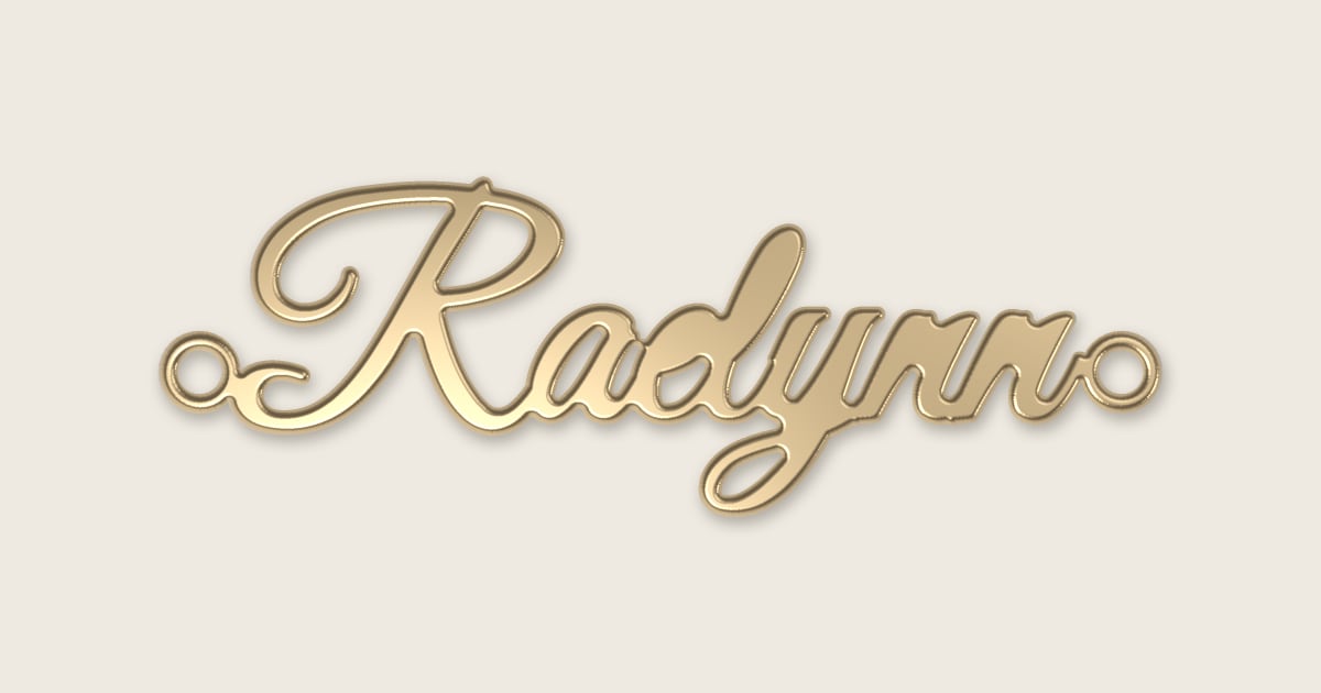 Raelynn name necklace in 14k yellow gold, classic script lettering