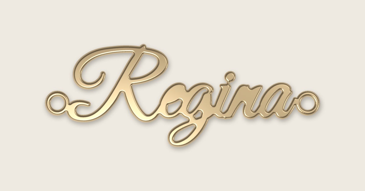 Regina name necklace in 14k yellow gold, classic script lettering
