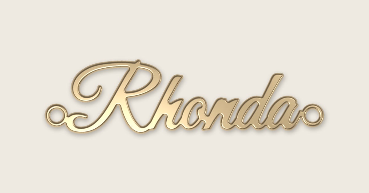 Rhonda name necklace in 14k yellow gold, classic script lettering