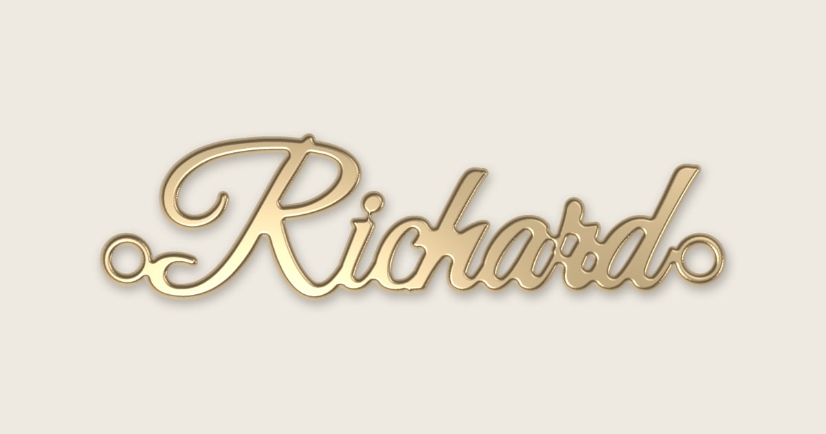 Richard name necklace in 14k yellow gold, classic script lettering