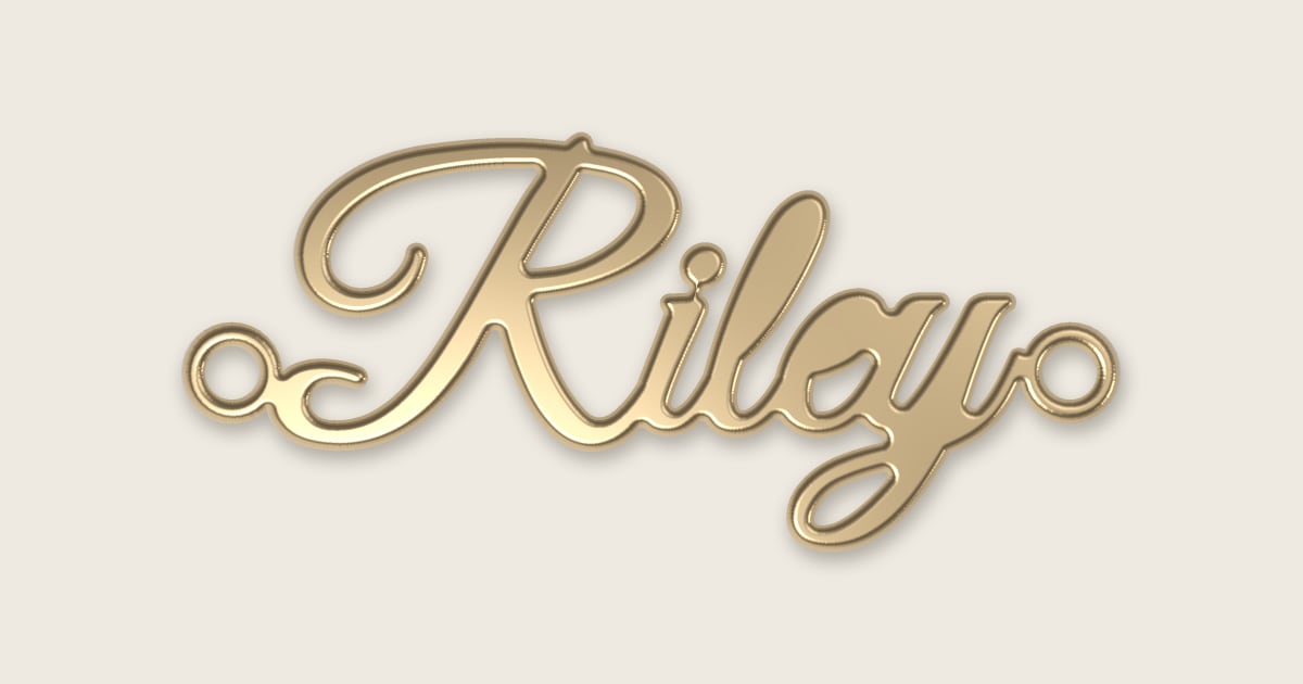 Riley name necklace in 14k yellow gold, classic script lettering