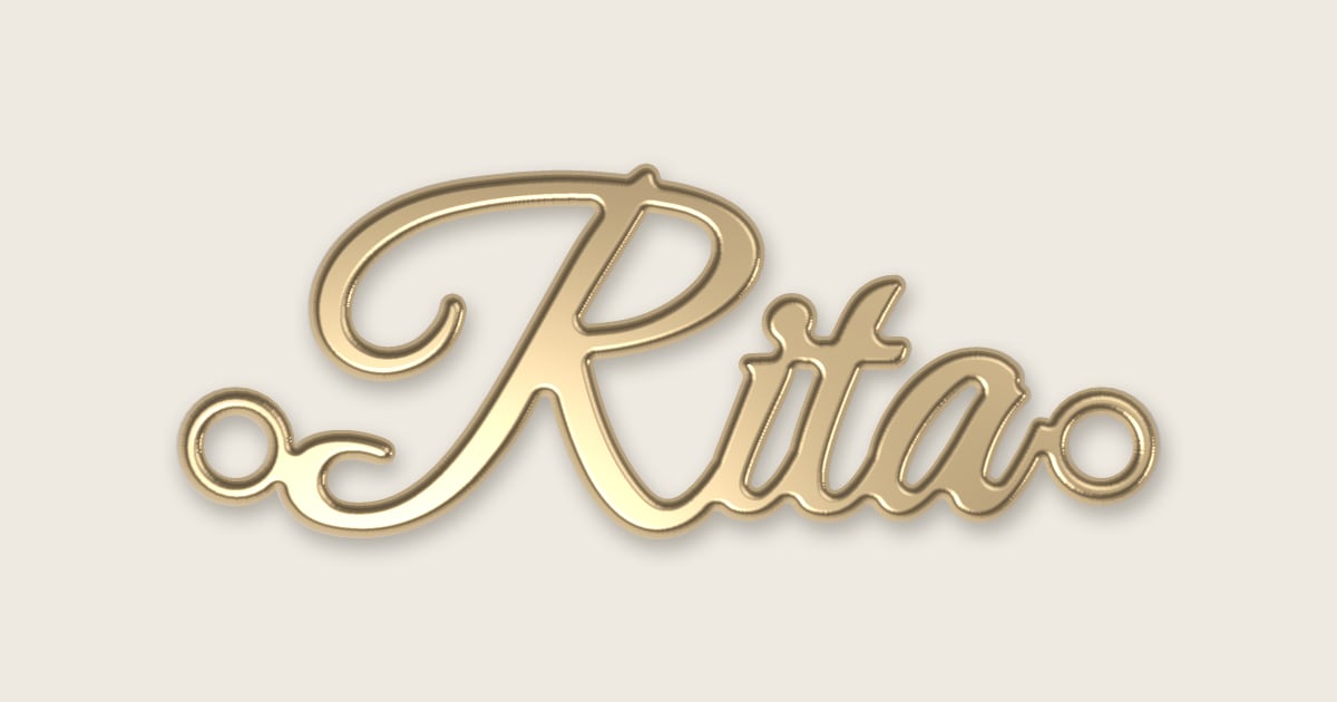 Rita name necklace in 14k yellow gold, classic script lettering
