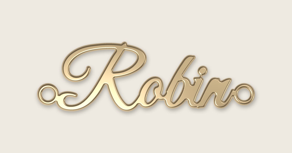 Robin name necklace in 14k yellow gold, classic script lettering