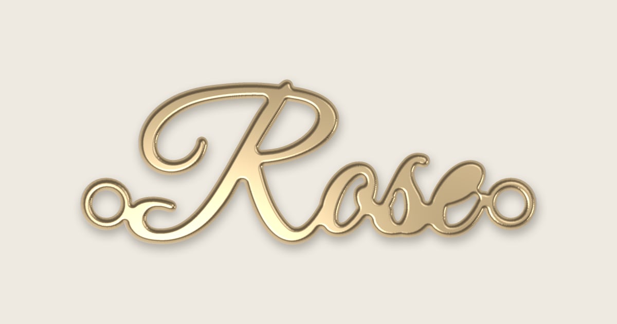 Rose name necklace in 14k yellow gold, classic script lettering