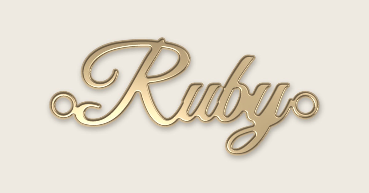 Ruby name necklace in 14k yellow gold, classic script lettering