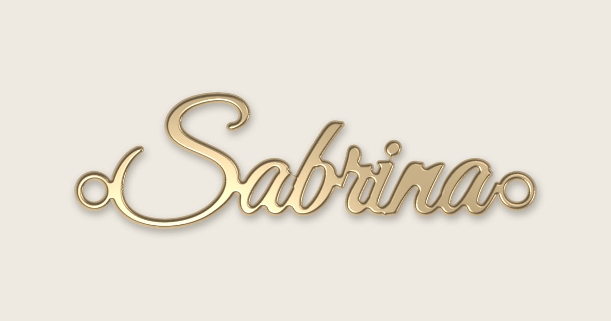 Sabrina name necklace in 14k yellow gold, classic script lettering