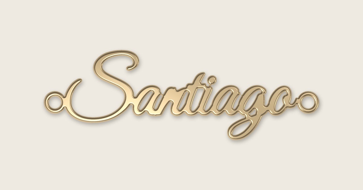 Santiago name necklace in 14k yellow gold, classic script lettering