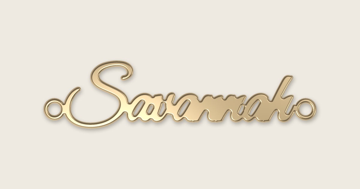 Savannah name necklace in 14k yellow gold, classic script lettering