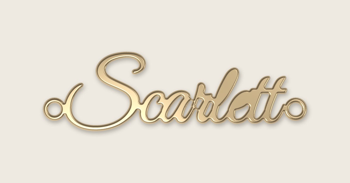 Scarlett name necklace in 14k yellow gold, classic script lettering