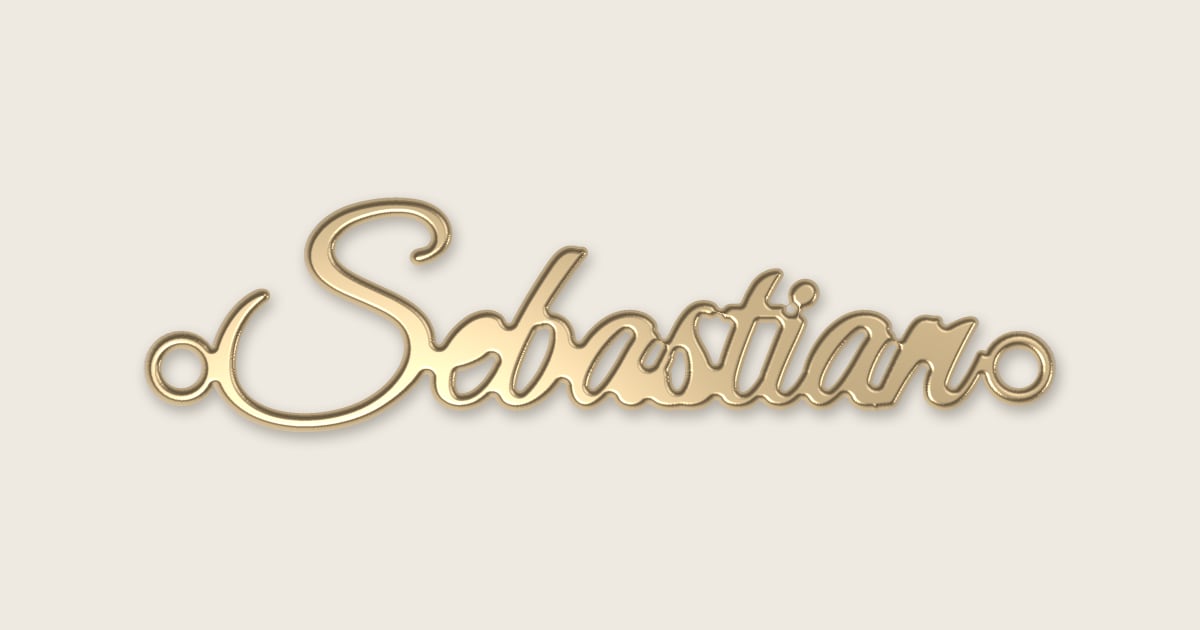 Sebastian name necklace in 14k yellow gold, classic script lettering