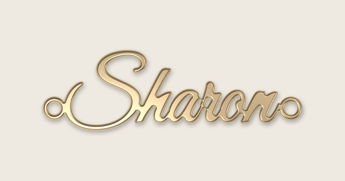 Sharon name necklace in 14k yellow gold, classic script lettering