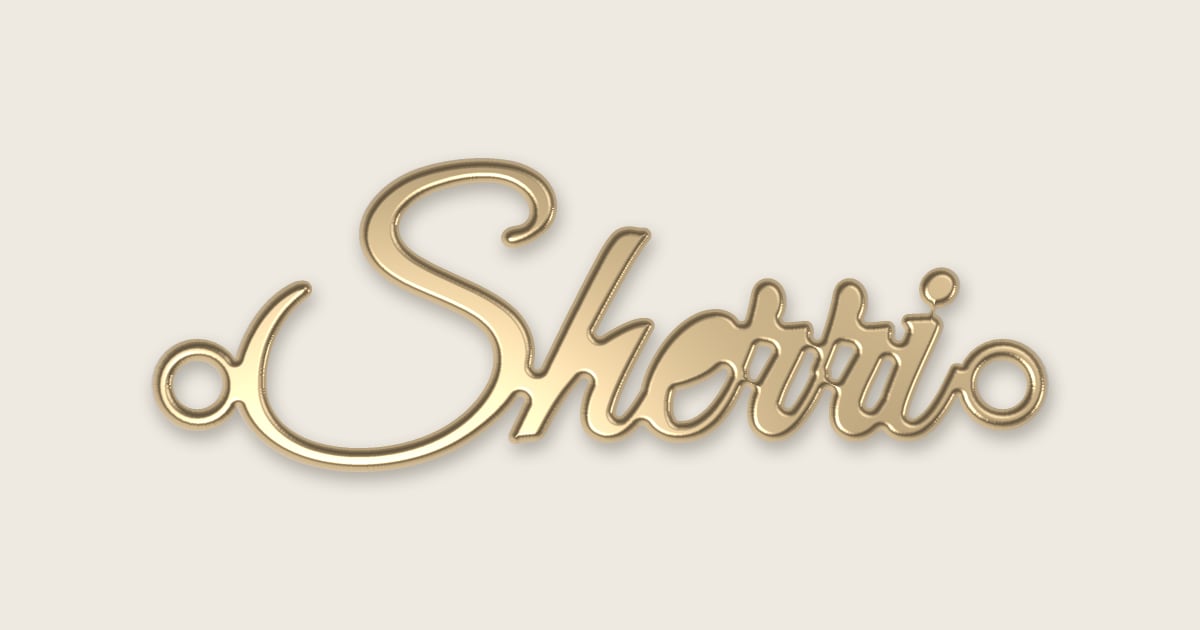 Sherri name necklace in 14k yellow gold, classic script lettering