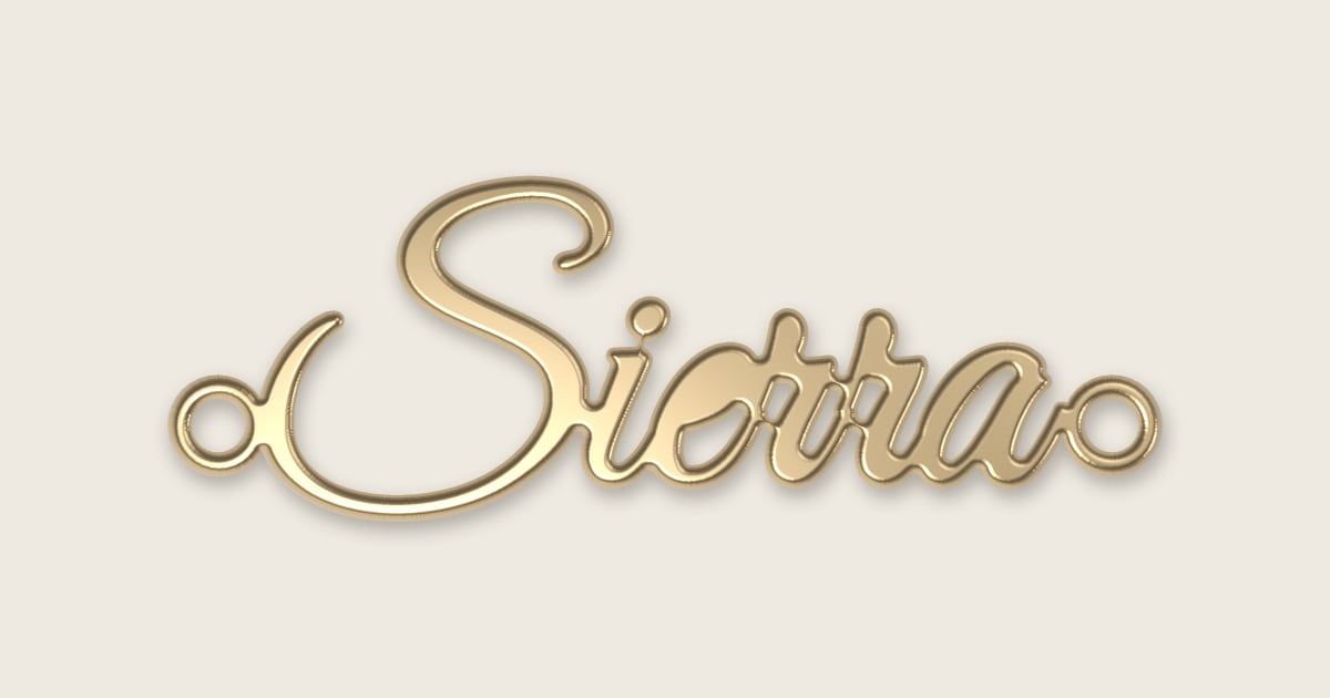 Sierra name necklace in 14k yellow gold, classic script lettering