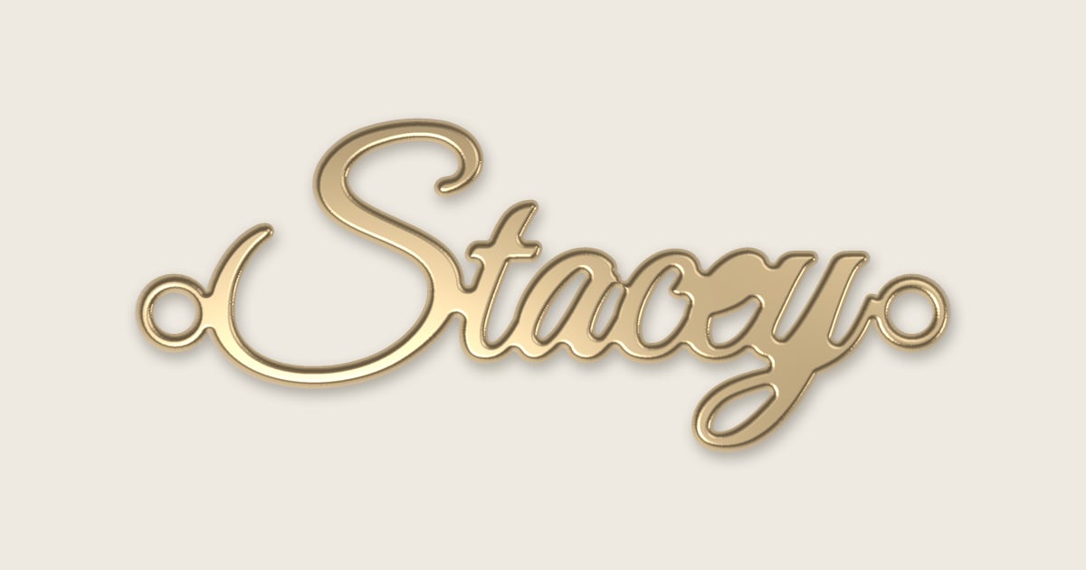Stacey name necklace in 14k yellow gold, classic script lettering