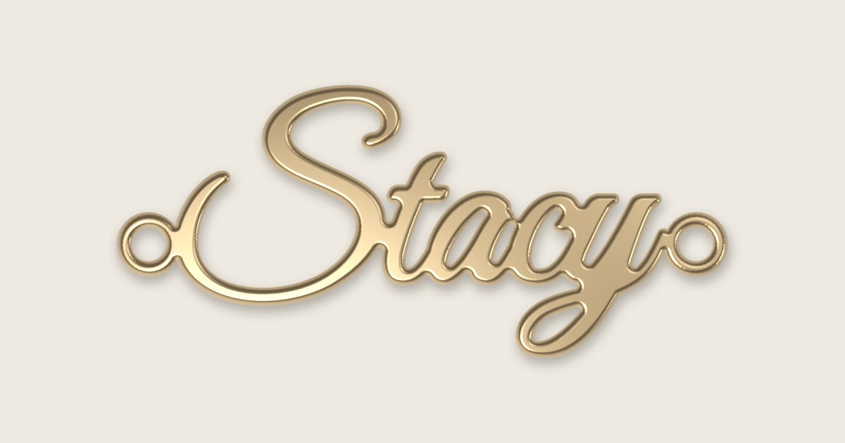 Stacy name necklace in 14k yellow gold, classic script lettering