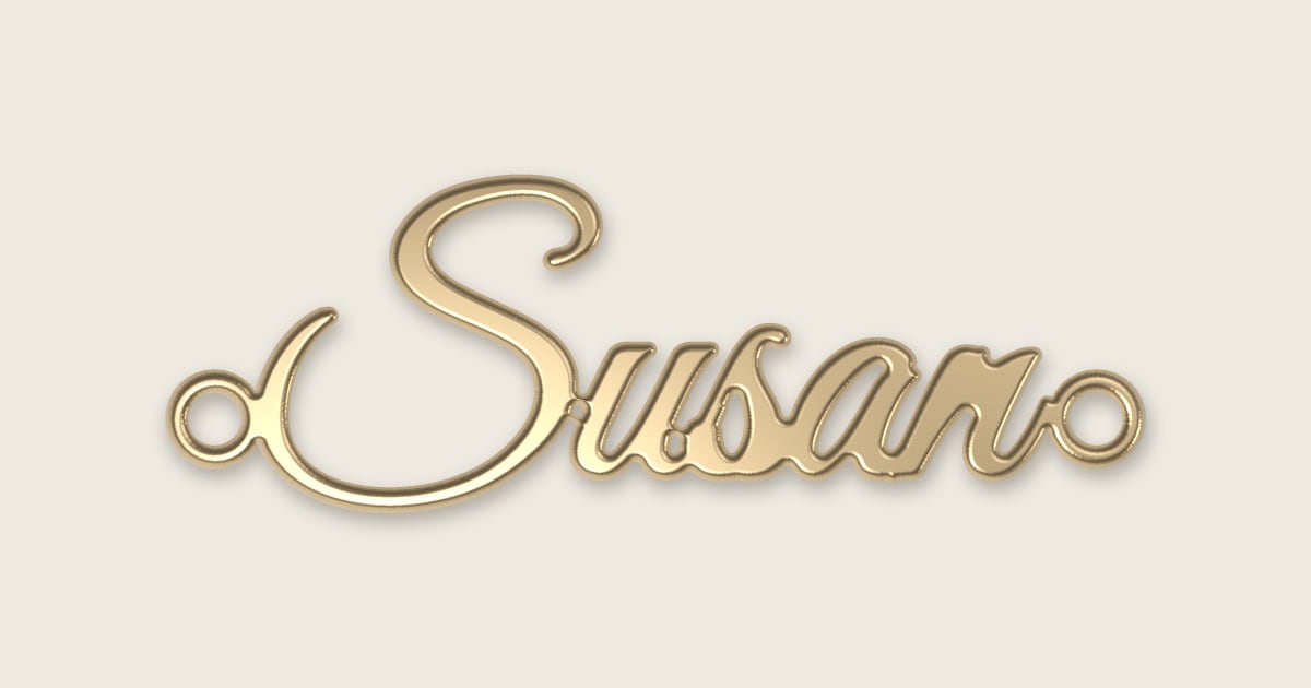 Susan name necklace in 14k yellow gold, classic script lettering