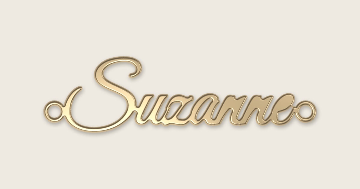 Suzanne name necklace in 14k yellow gold, classic script lettering