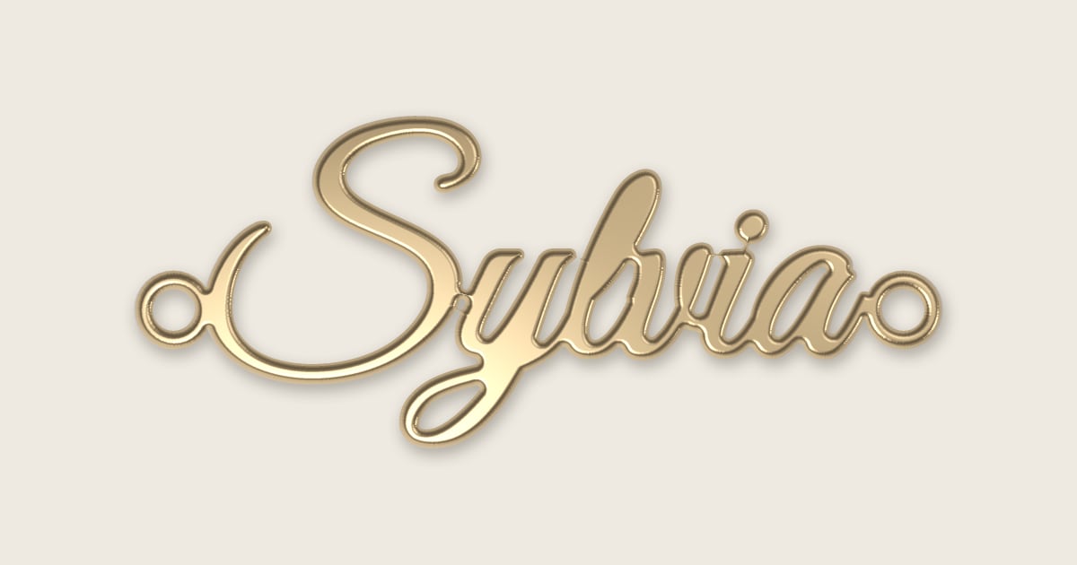 Sylvia name necklace in 14k yellow gold, classic script lettering